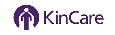 A purple and white logo for kincare with a person in a circle.