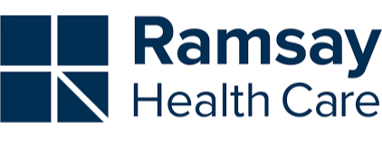 The logo for ramsay health care is blue and white.
