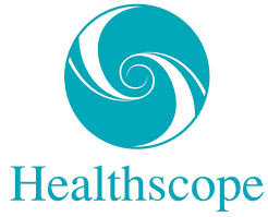 A blue and white logo for healthscope with a swirl