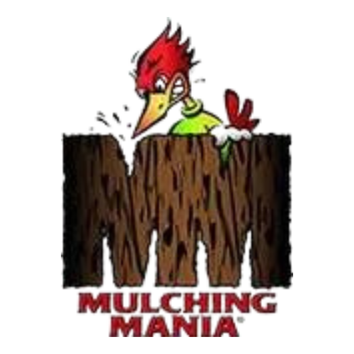 The mulching mania logo has a woodpecker on it