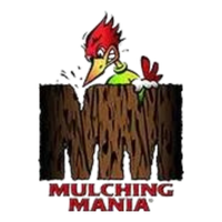 The mulching mania logo has a woodpecker on it