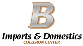B Imports & Domestics logo with metallic gold B and black text