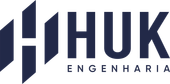 Logo for HUK Engenharia, navy blue geometric lettermark and text 