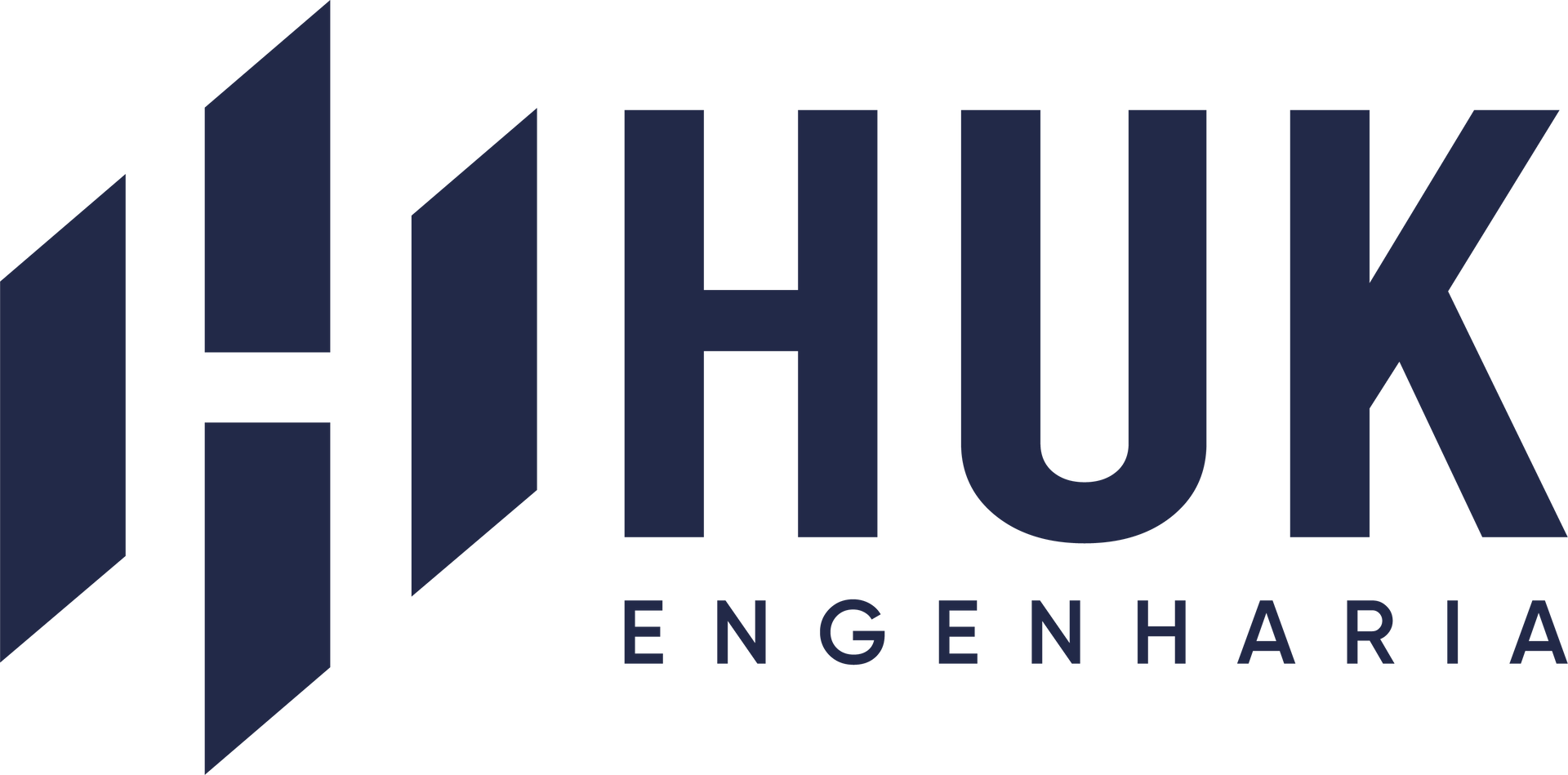 Logo for HUK Engenharia, navy blue geometric lettermark and text 