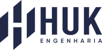 Logo for HUK Engenharia, navy blue geometric lettermark and text 