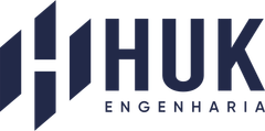 Logo for HUK Engenharia, navy blue geometric lettermark and text 