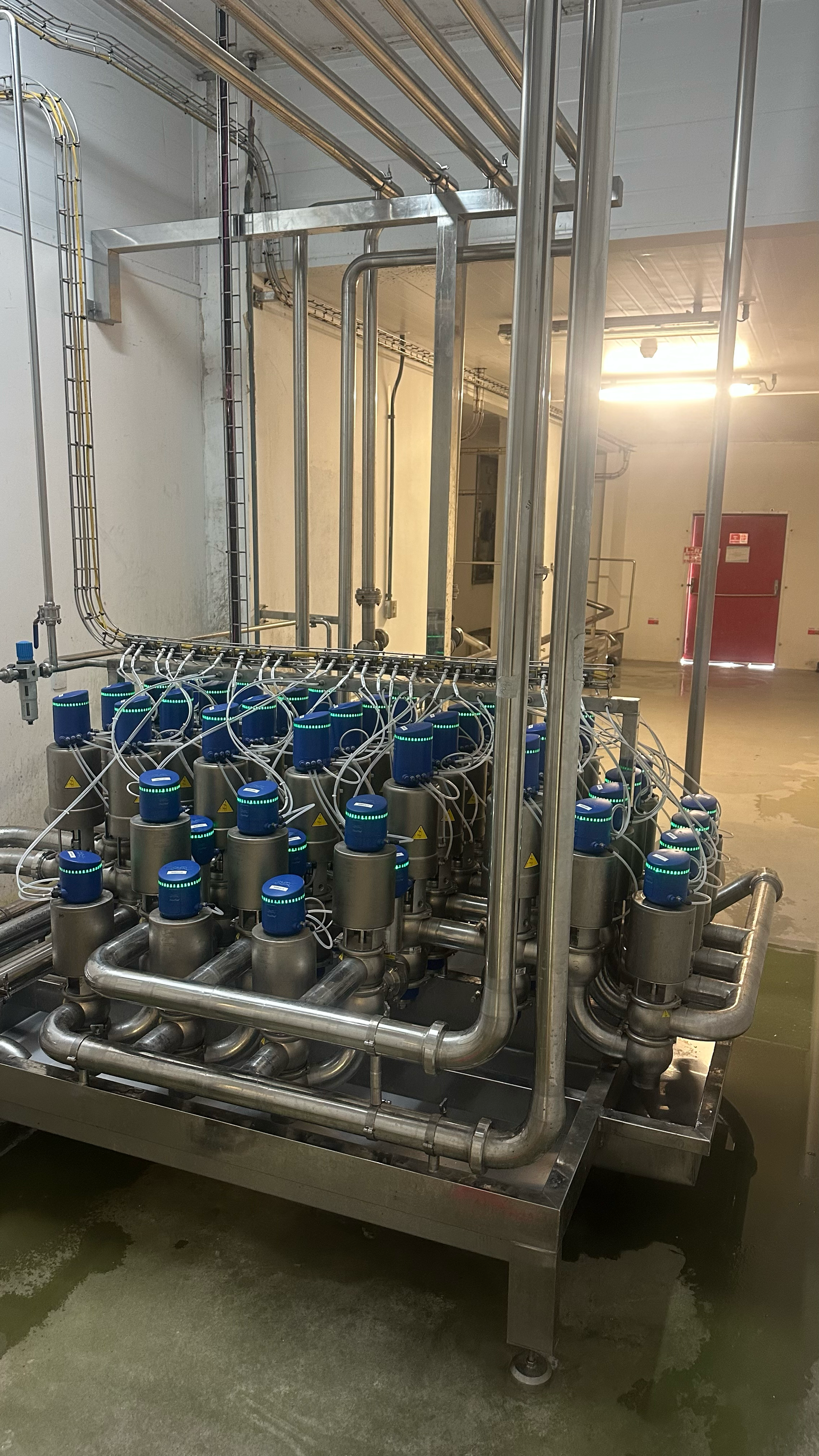 Sistema de tubulação industrial em aço inoxidável com válvulas de tampa azul em uma sala.