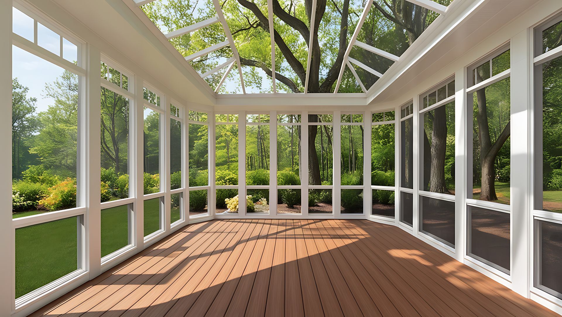 Sunroom with glass and screen windows, wooden floor, and a view of trees and greenery.