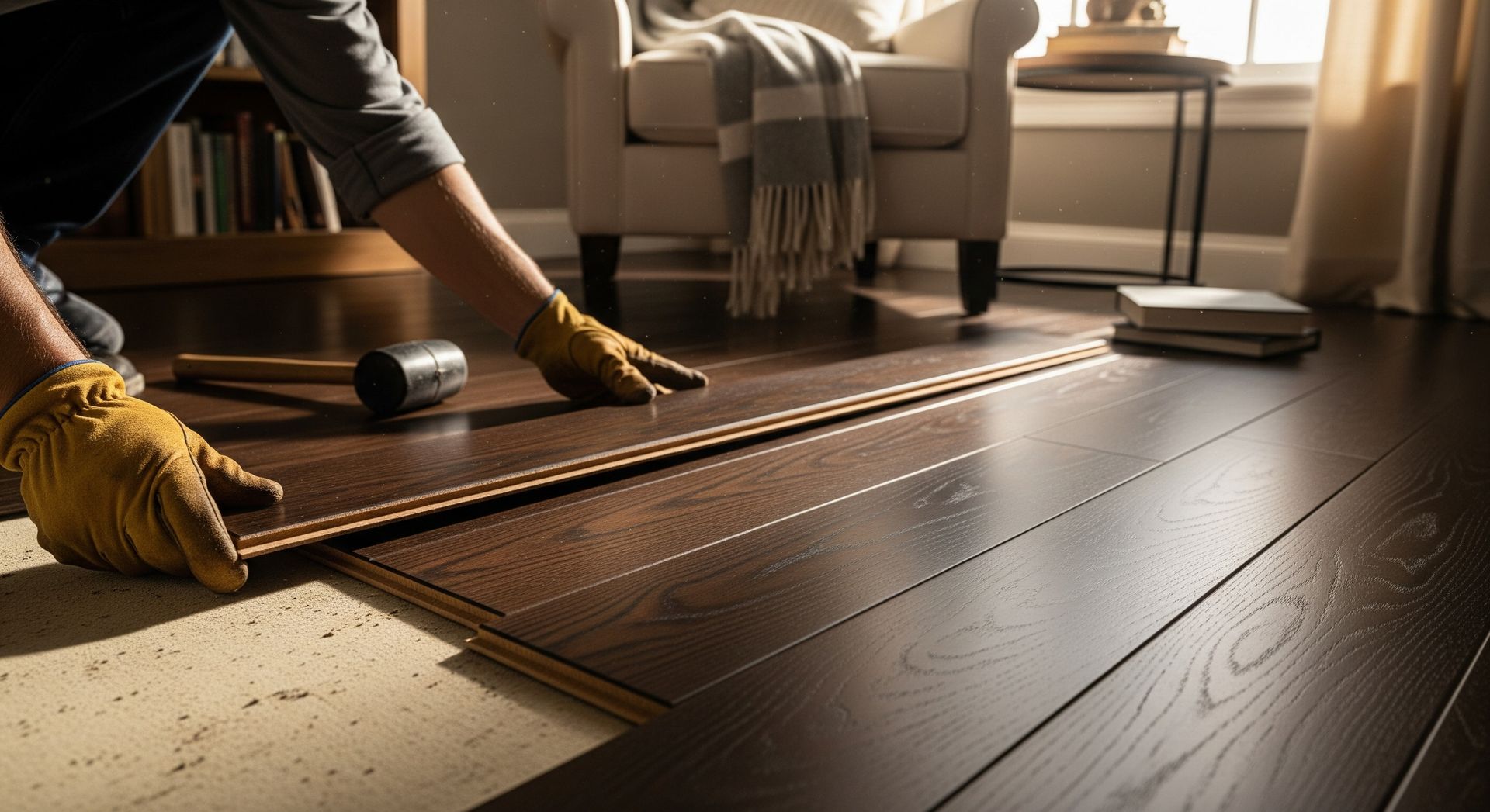 Person installing dark brown laminate flooring in a room with a window, chair, and books.