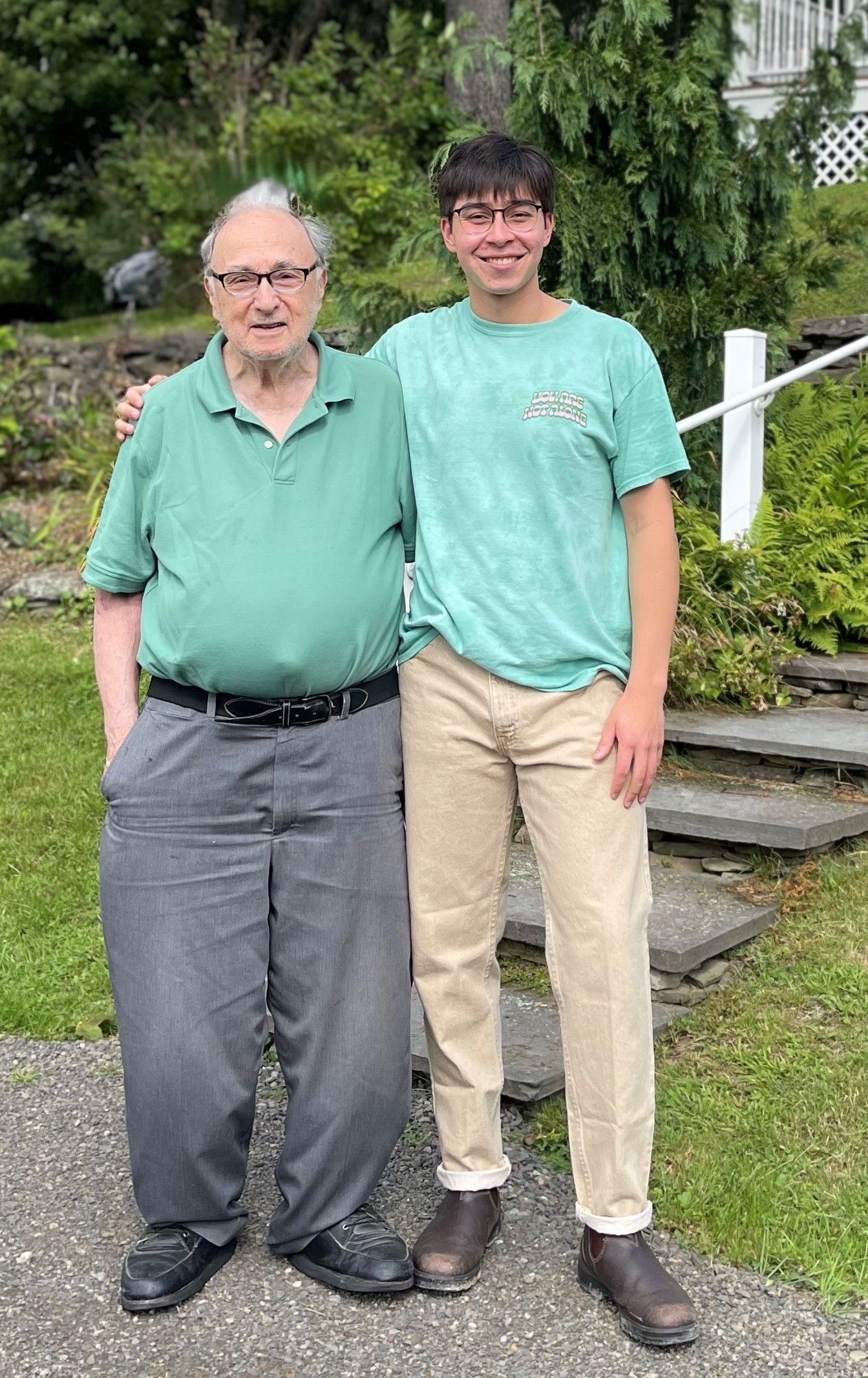 Akseli with Burton in New York State in front of the Music Moutain farm.