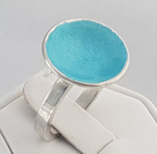 Janet Laurie - Vitreous Sea Blue Enamel Dome and Sterling Silver Ring