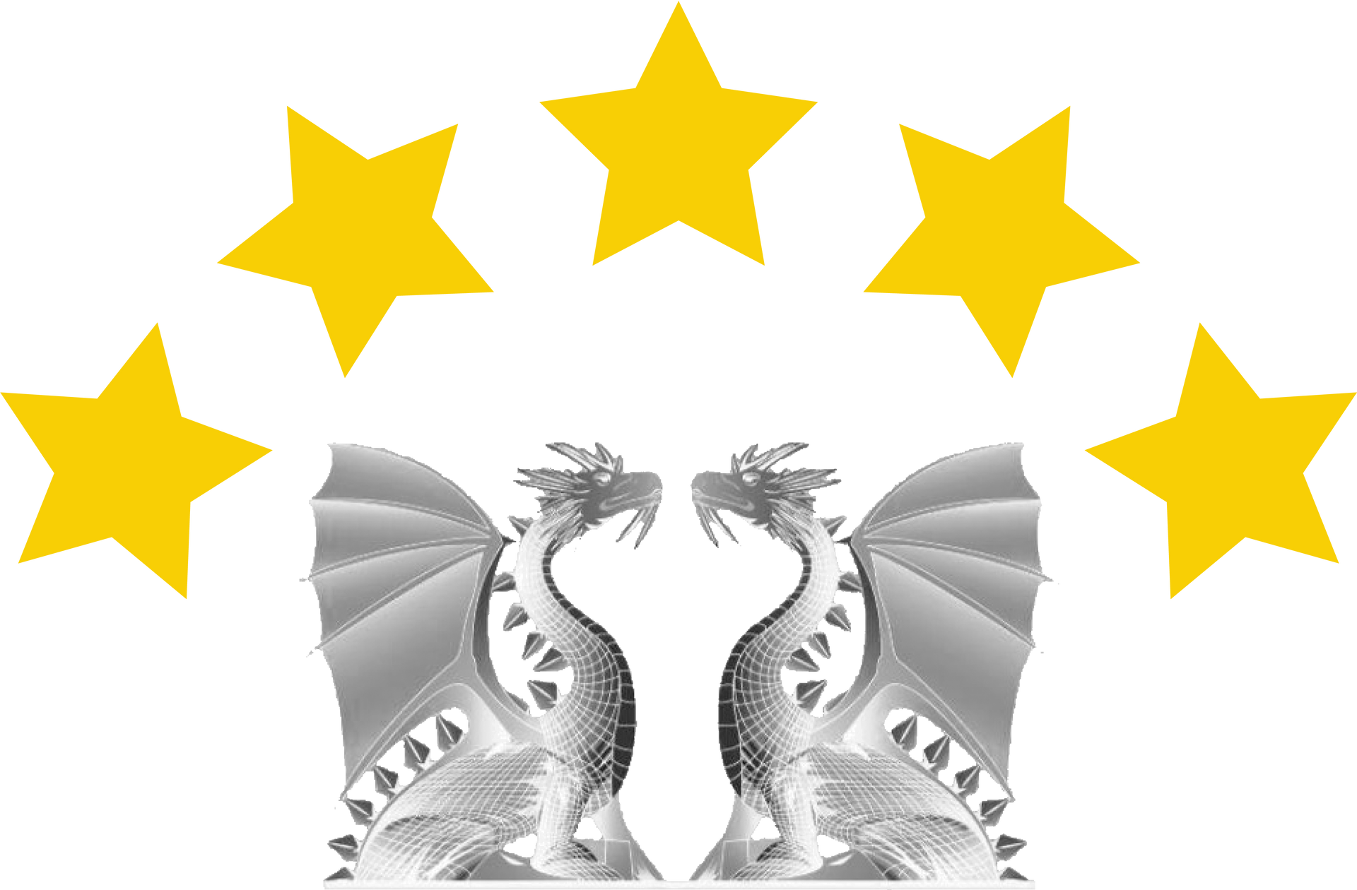 Two dragons are standing next to each other with stars around them