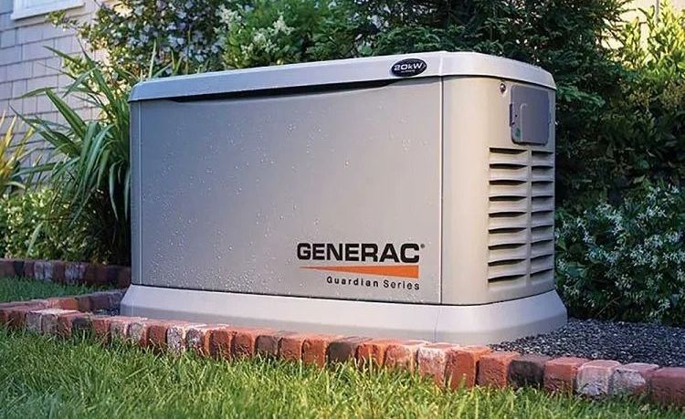 A generac generator is sitting in the grass in front of a house