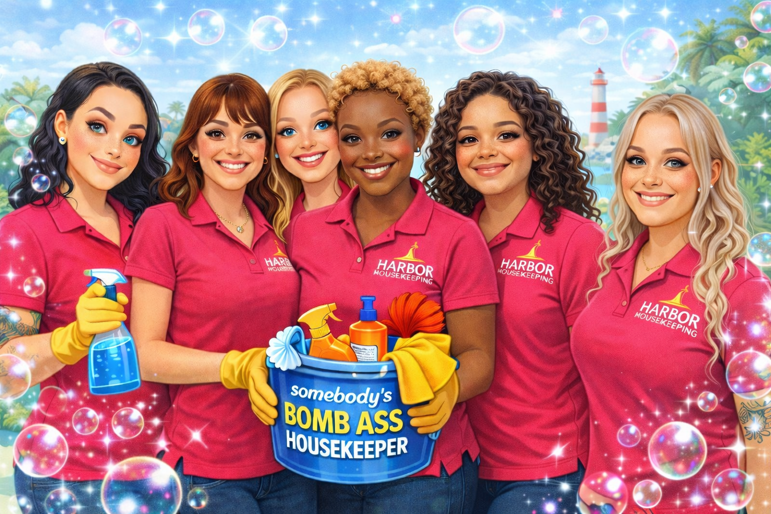 Group of women in pink shirts holding cleaning supplies smiling with a harbor background.