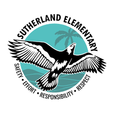 Sutherland Elementary logo: Eagle in flight, teal circle with palm tree silhouette, text: Safety, Effort, Responsibility, Respect.