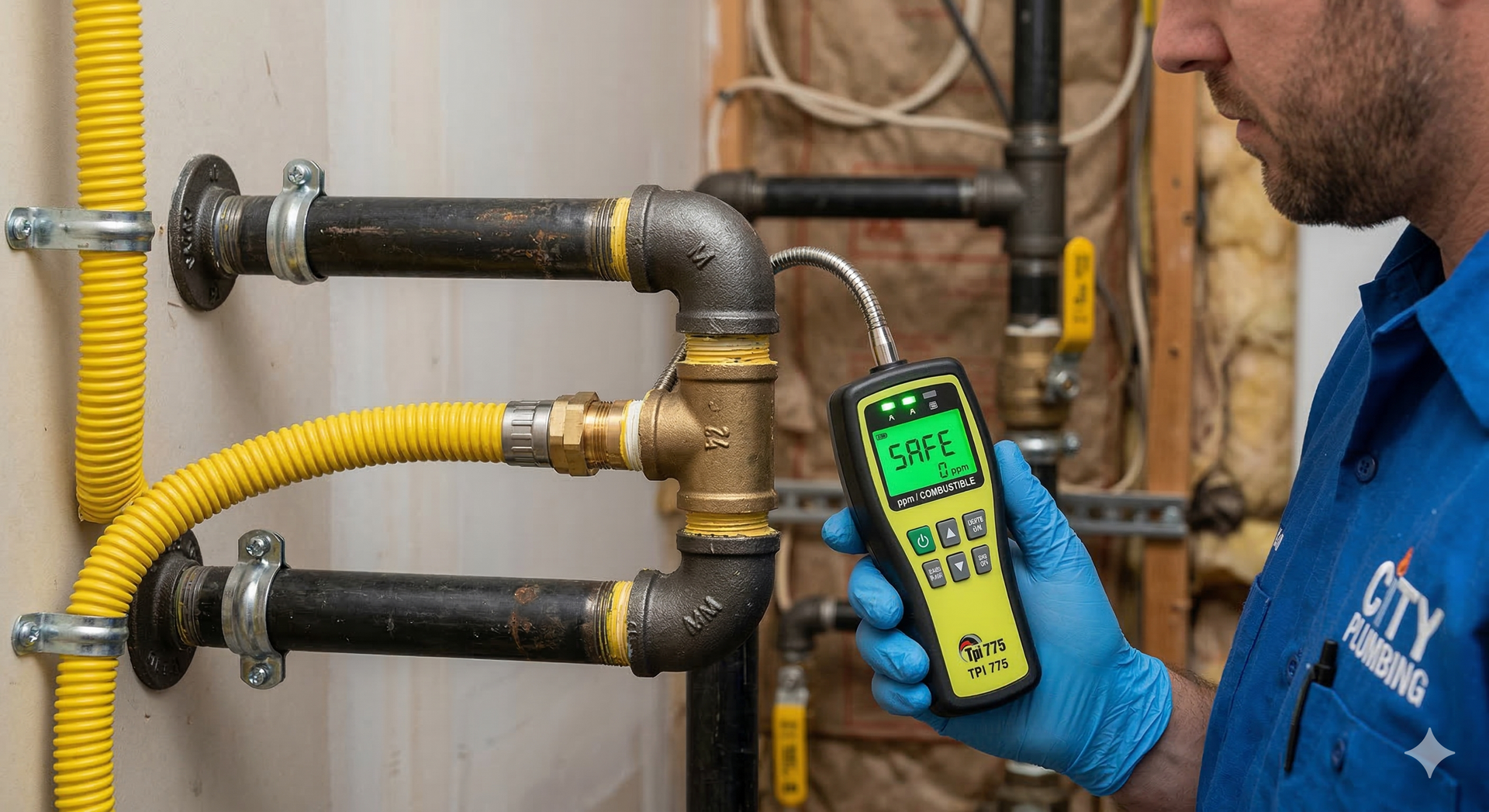 A plumber in a blue uniform and gloves uses a gas leak detector on a yellow flexible pipe connected to black iron piping.