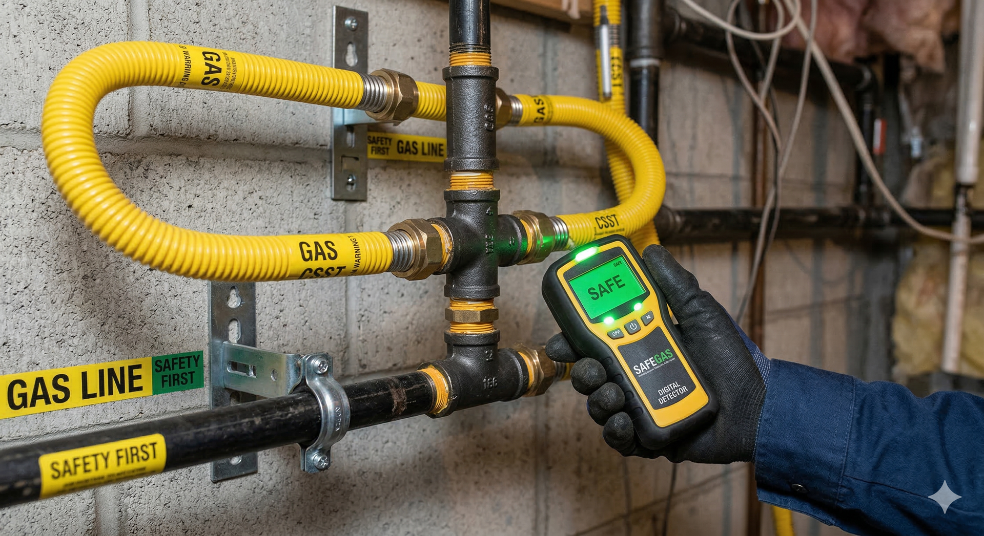 A gloved hand uses a gas leak detector to test the fittings on a yellow CSST gas line attached to a concrete wall.