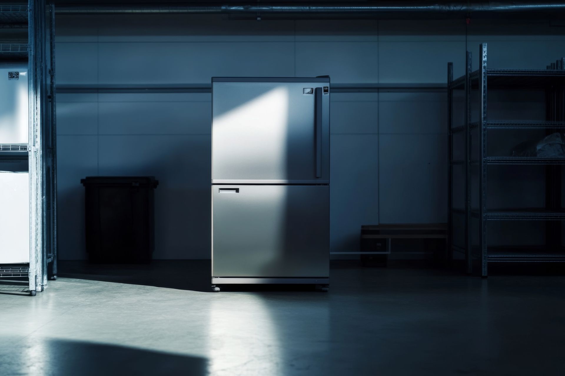 A stainless steel refrigerator stands in a dimly lit industrial storage room with metal shelving.