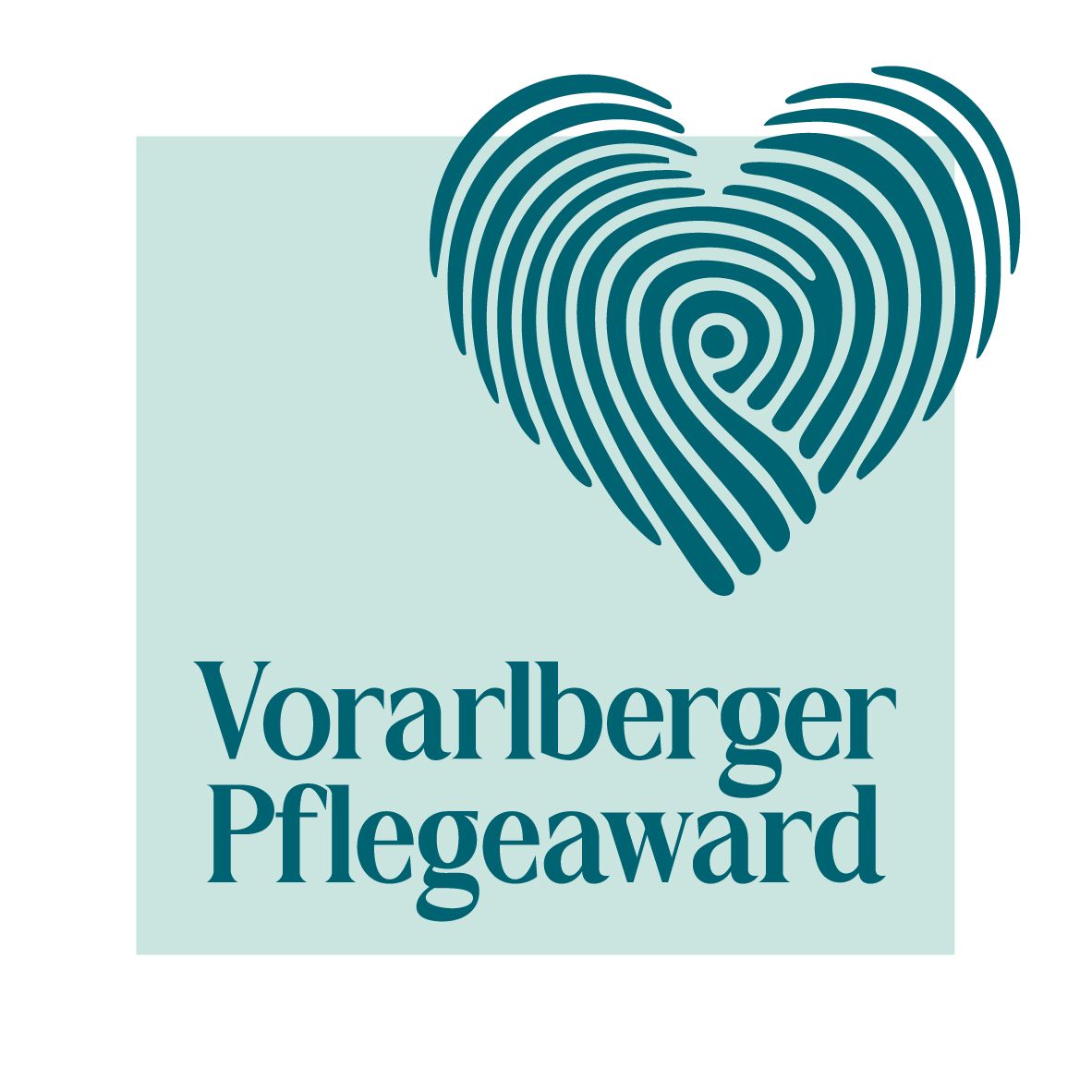 Logo Vorarlberger Pflege Award mit einem Fingerabdruck in Herzform.