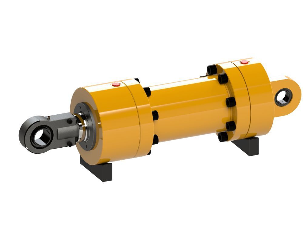 A yellow hydraulic cylinder is shown on a white background.