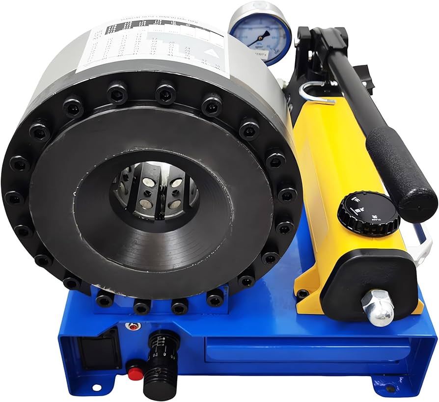 A blue and yellow machine with a gauge on it