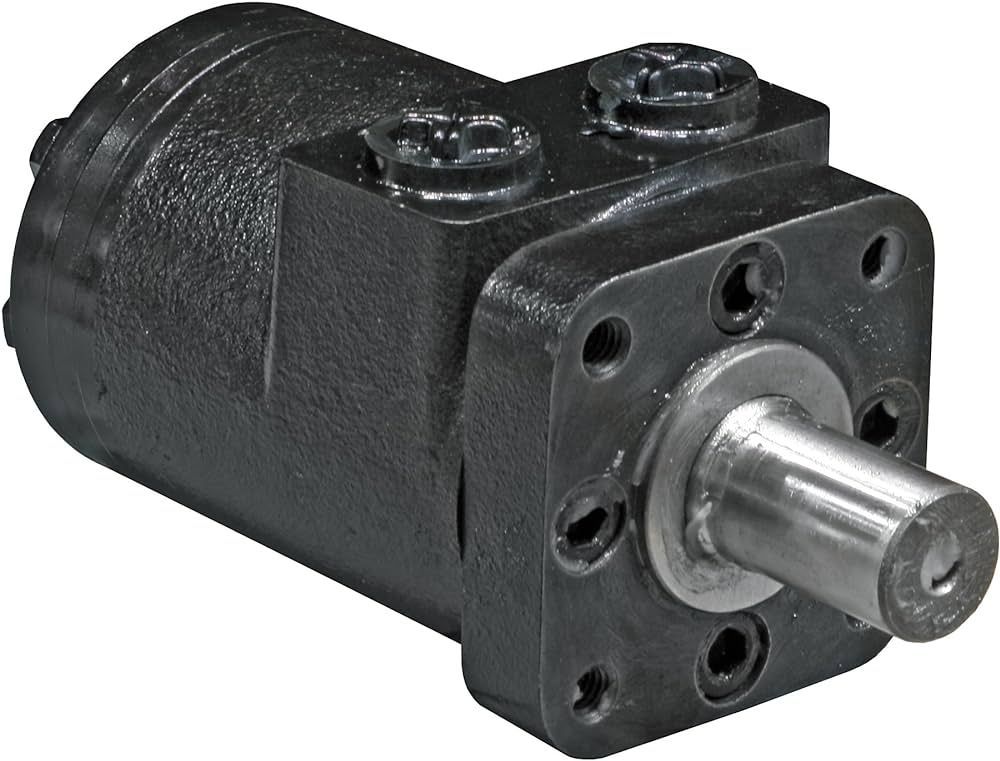 A close up of a black hydraulic motor on a white background