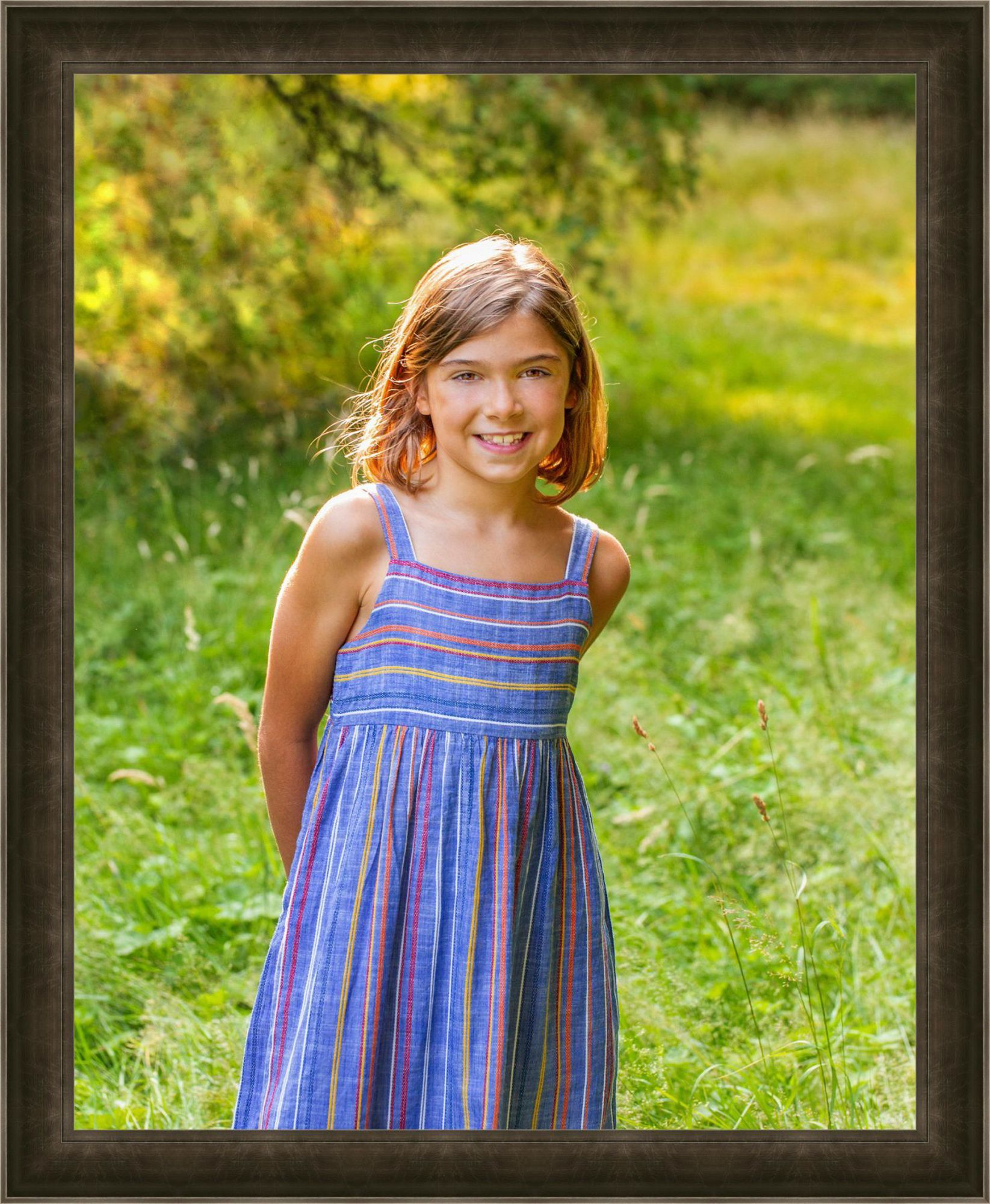 daughter, girl summer in dress park in grass