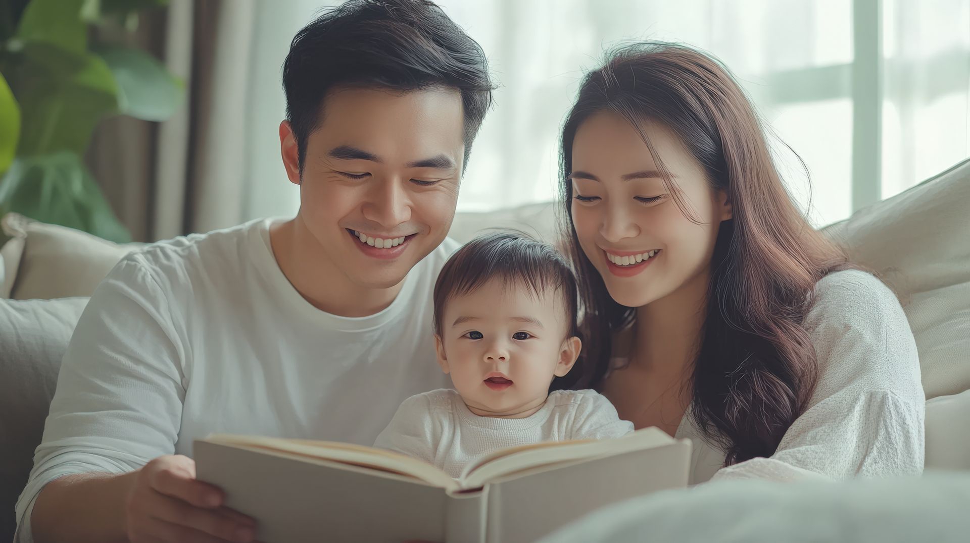 A man and woman are reading a book to their baby.