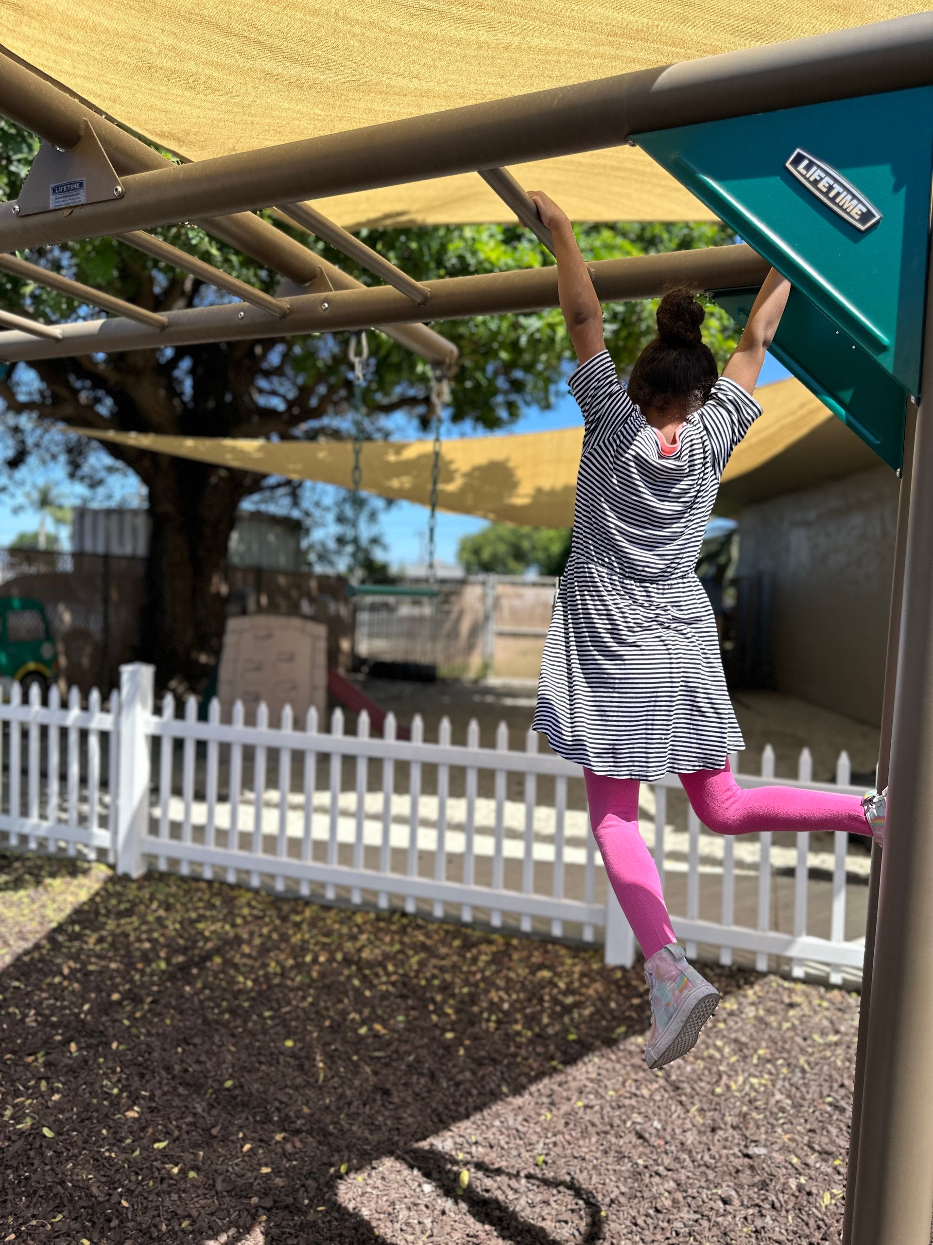 A girl in a zebra print dress is climbing a monkey bars