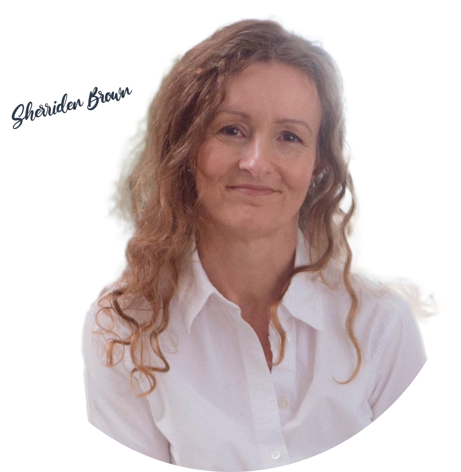 A woman in a white shirt with the name sheridan brown on the bottom