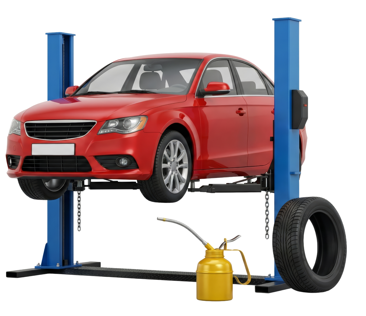 Red car on a blue car lift; spare tire and oil can on the floor.