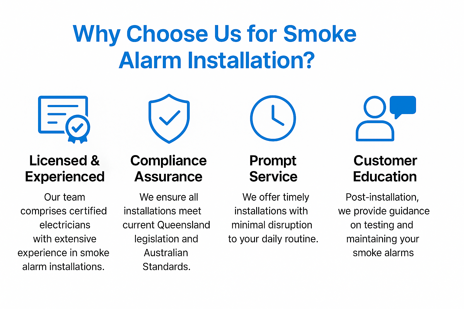 Graphic listing four reasons to choose Electrician Brisbane for smoke alarm services.