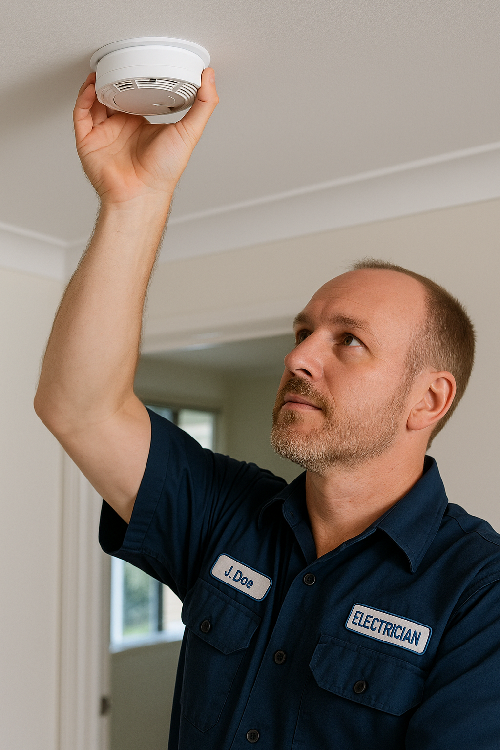 Electrician installing a smoke alarm on the ceiling in a residential Brisbane home.