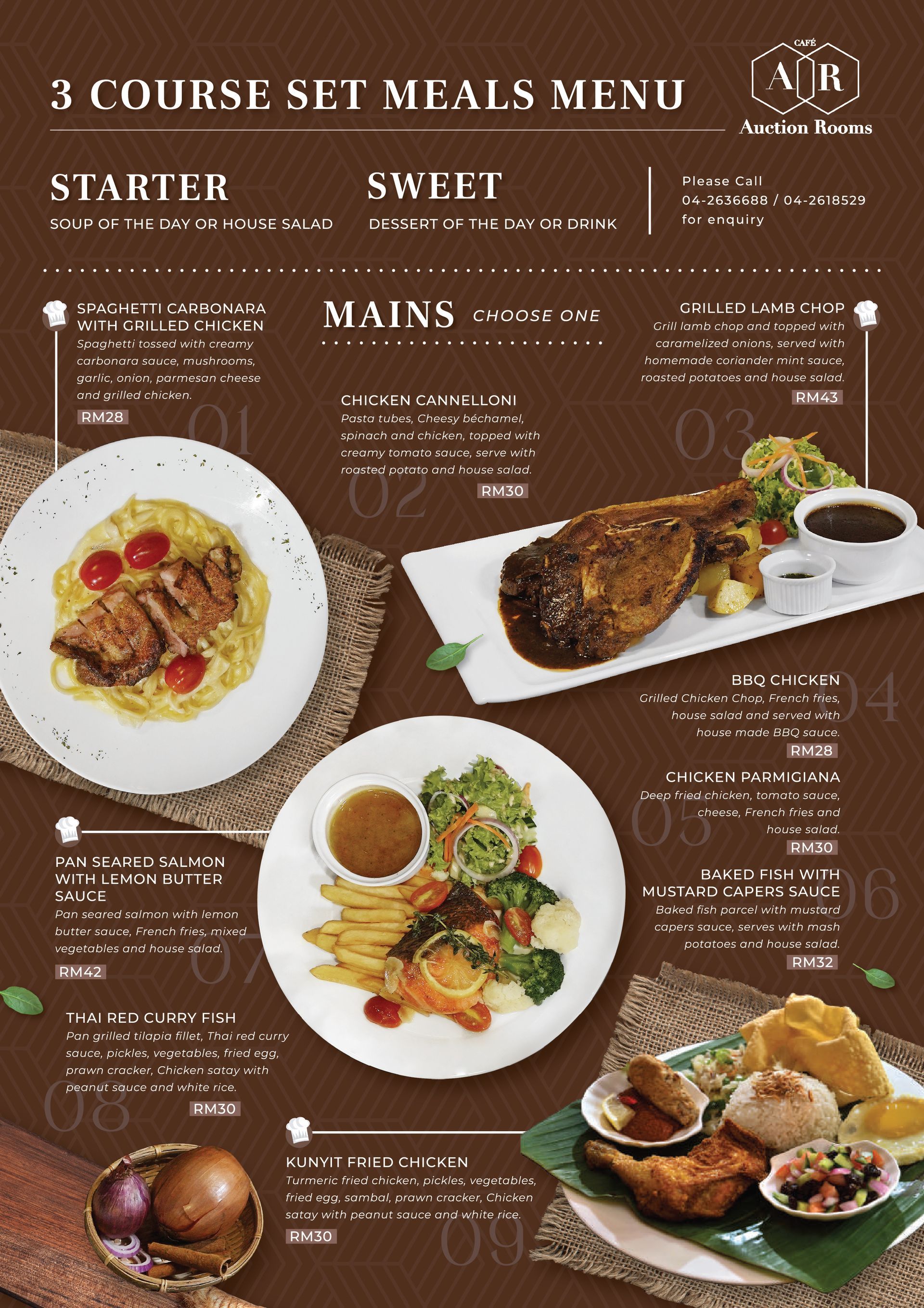 A menu for a 3 course set meals menu