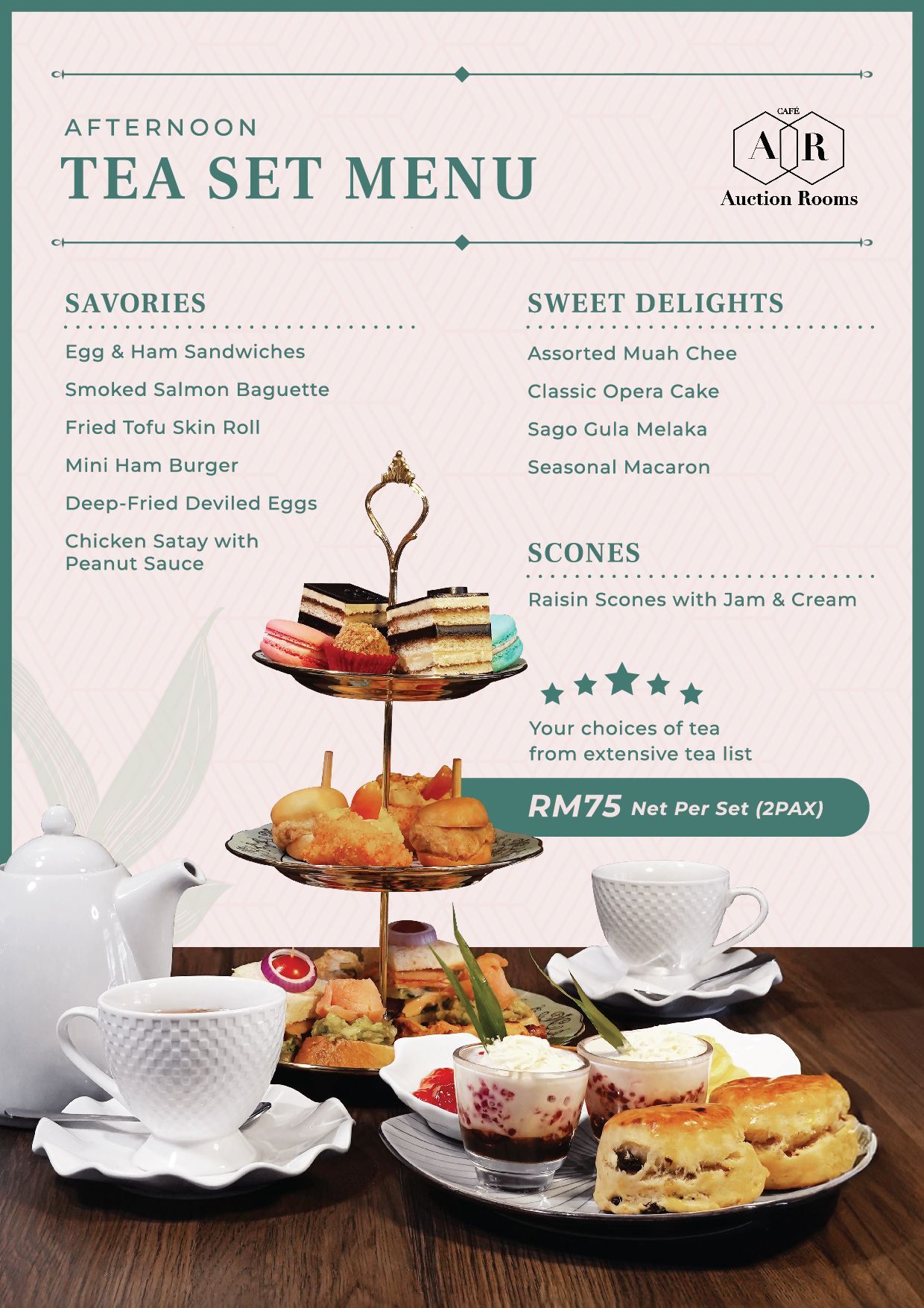 A menu for an afternoon tea set with a variety of food on a table.