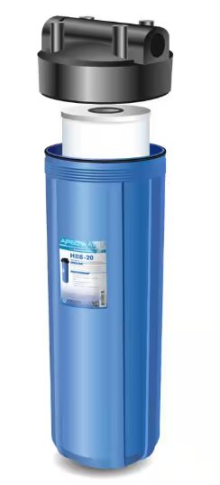 Image showing a slightly exploded view of a whole house in-line water filter. Features a blue outer canister, taller than wide, with a black cap and white cylindrical filter medium inside. All components are shown in situ on a plain white background to illustrate assembly and design.