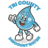 Round logo for Tri County Discount Water Treatment Experts, LLC in Northern Illinois featuring company name along the top, contact info along the bottom, and a smiling cartoon water droplet character in the center.