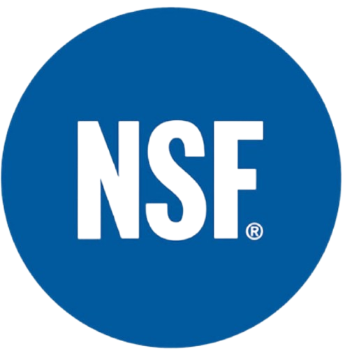 Blue circle with the letters NSF in white in the center