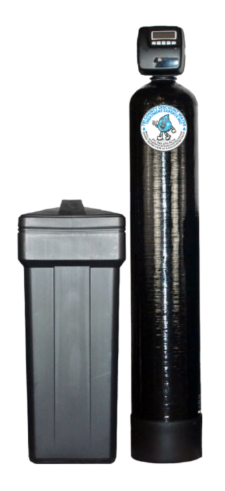 a black water softener is sitting next to a black tank on a white background .