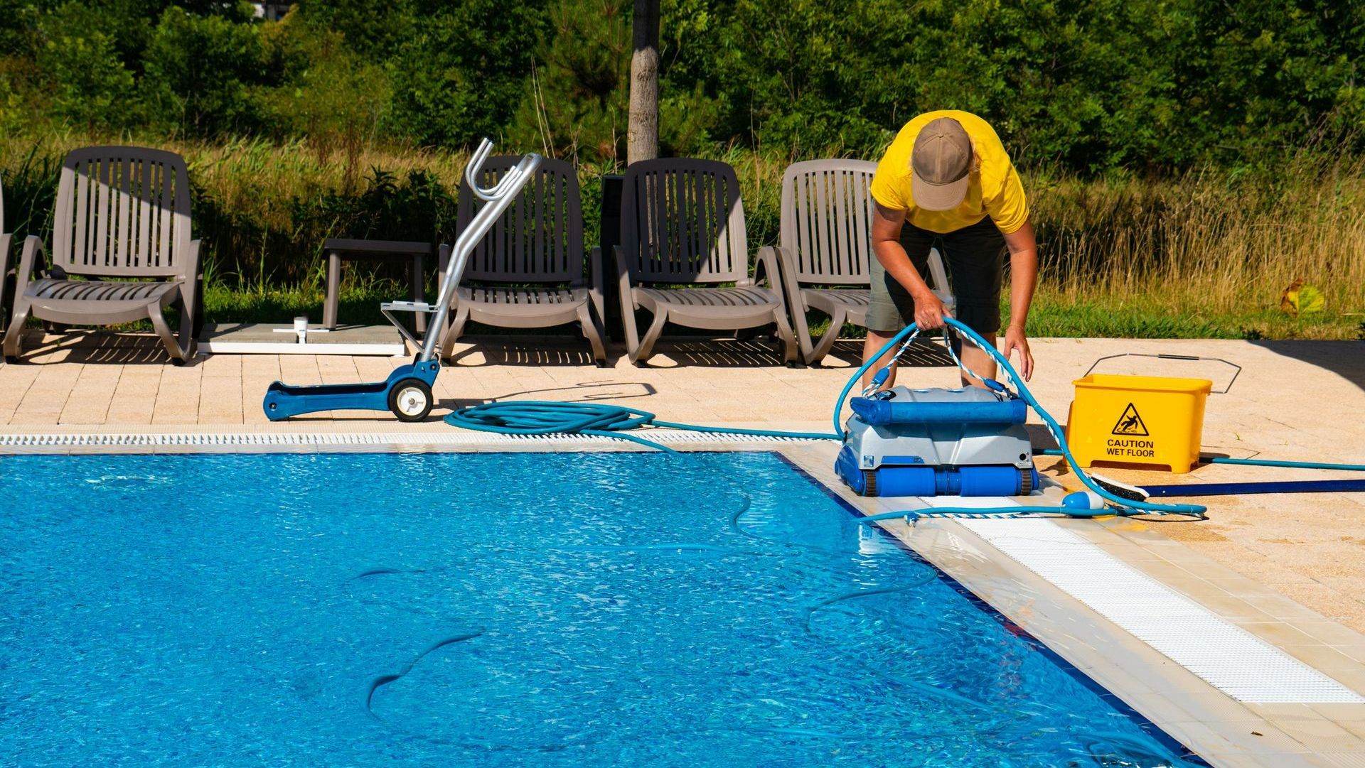 Pool maintenance. Pool vacuum robotic cleaning.