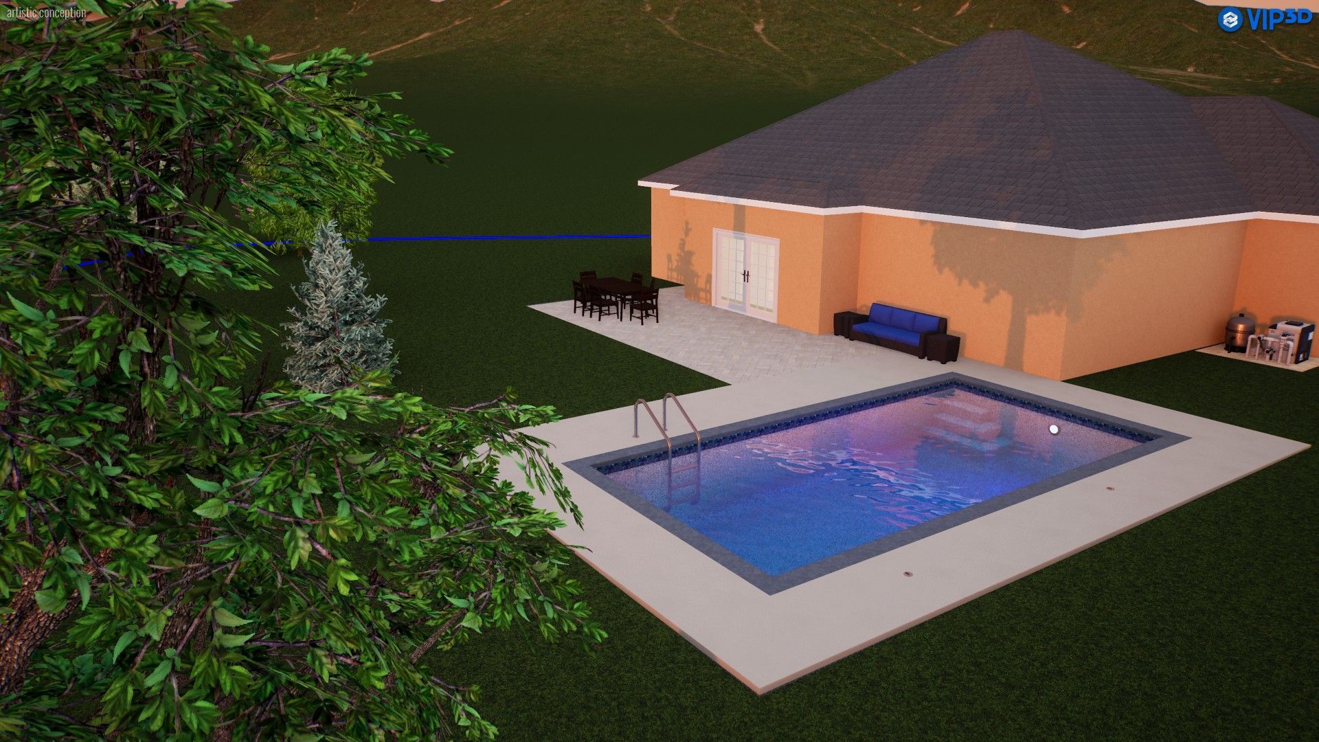 a 3d rendering of a pool in a backyard