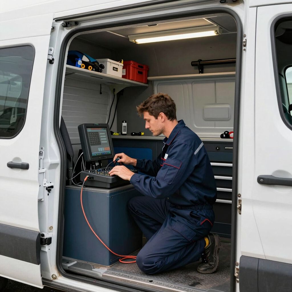Mechanic in a white van, using a diagnostic computer. He is wearing a blue jumpsuit.