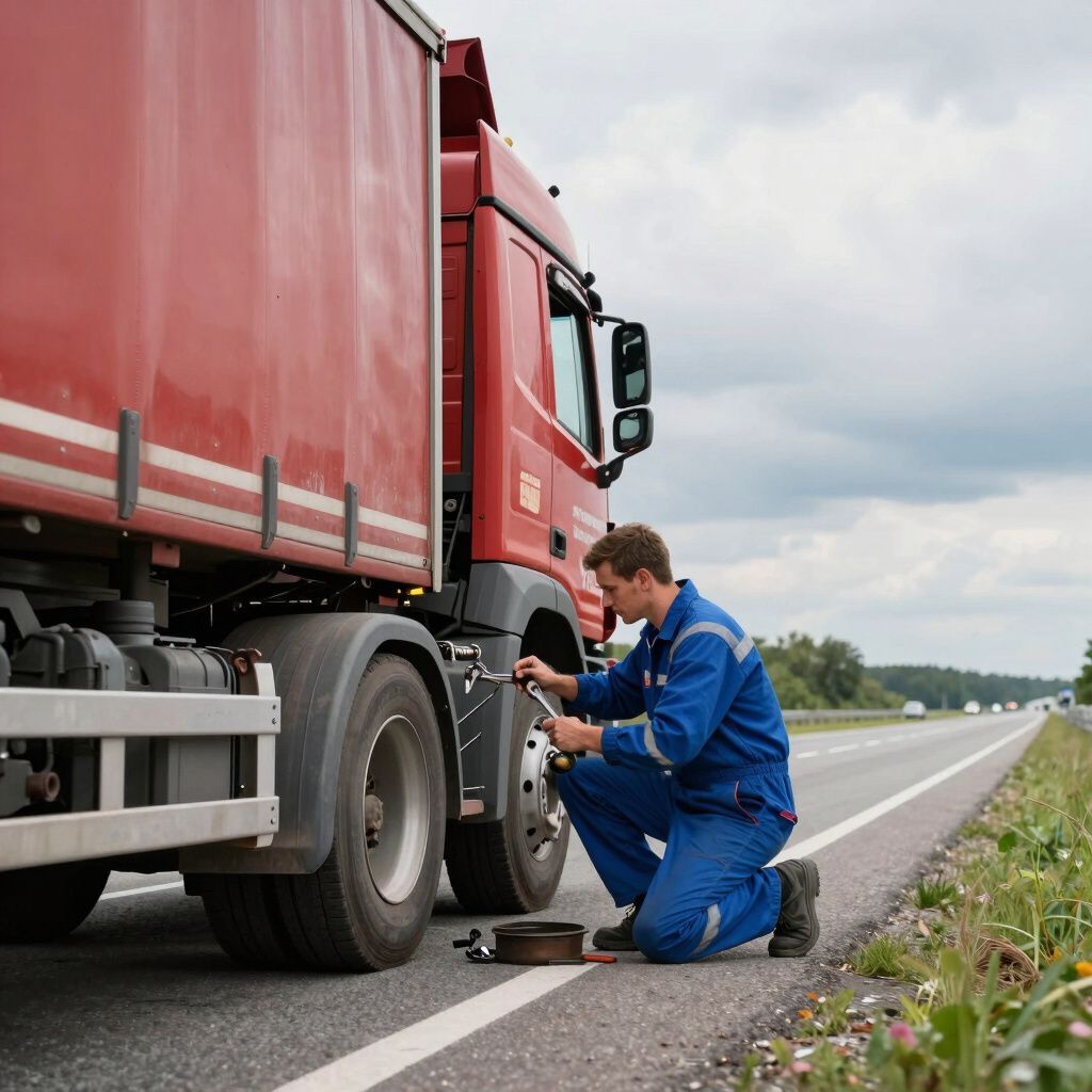 Trucker in blue jumpsuit changing a tire on a red semi-truck on the side of a highway.