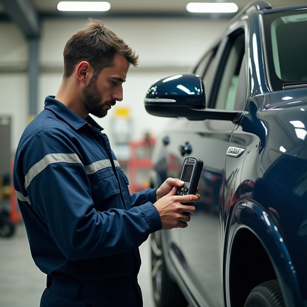 Mechanic in blue coveralls using a diagnostic tool on a dark blue car in a garage.