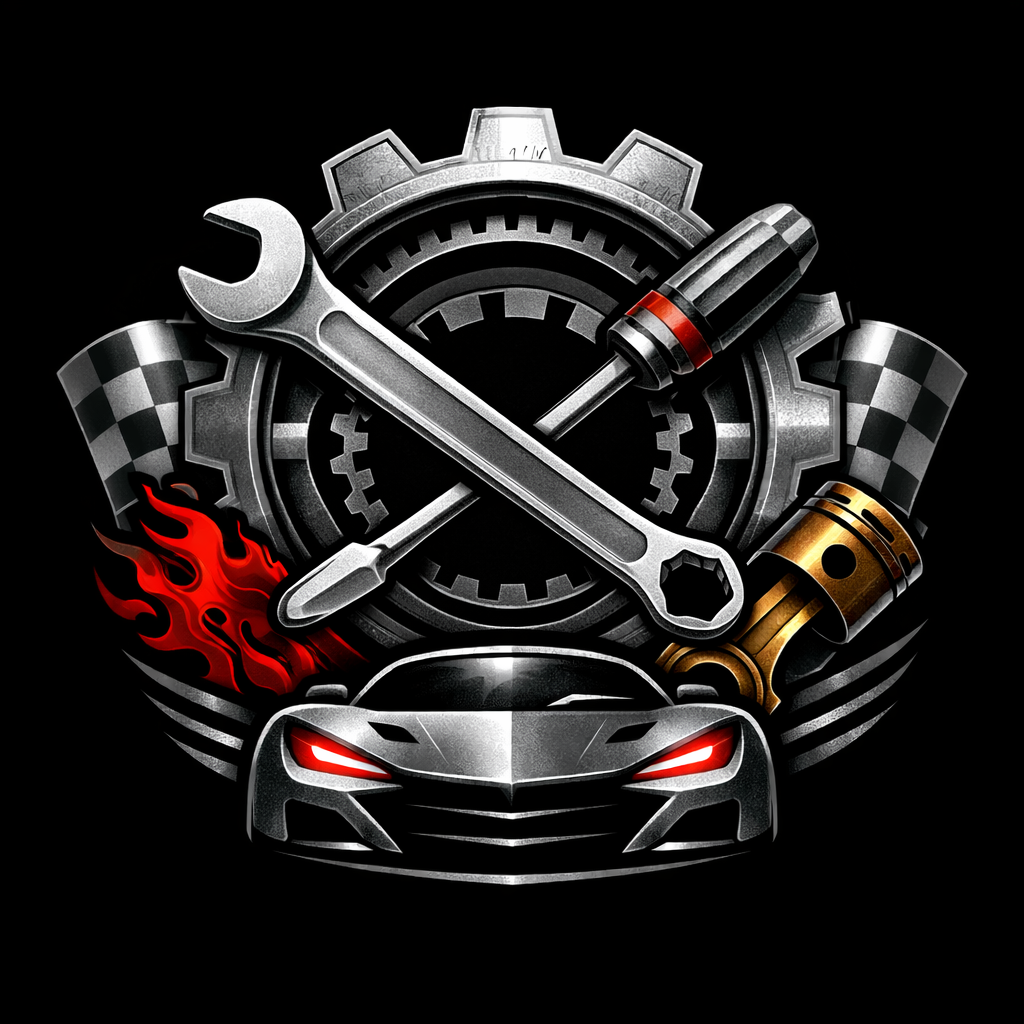 Mechanic logo: crossed wrench and screwdriver, car, gear, flames, piston, and checkered flags.