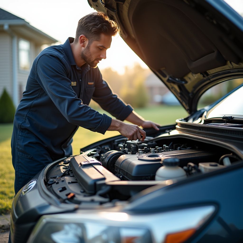 Man in blue work shirt, working on a car engine with the hood open, outside a house.