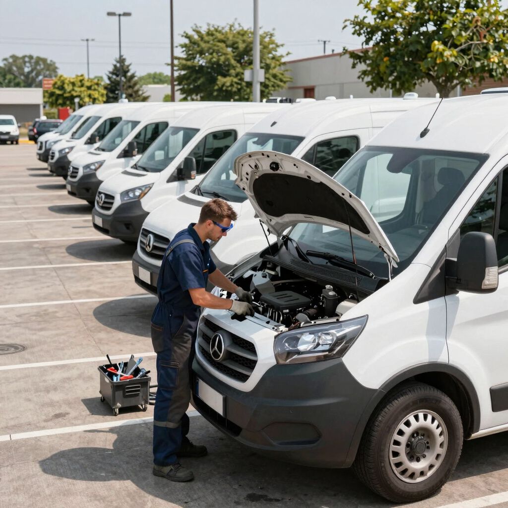 Mechanic working on the engine of a white van in a row of parked vans.