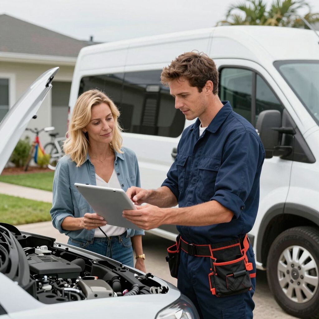 Mechanic showing a woman a tablet next to a car with an open hood; van in background.