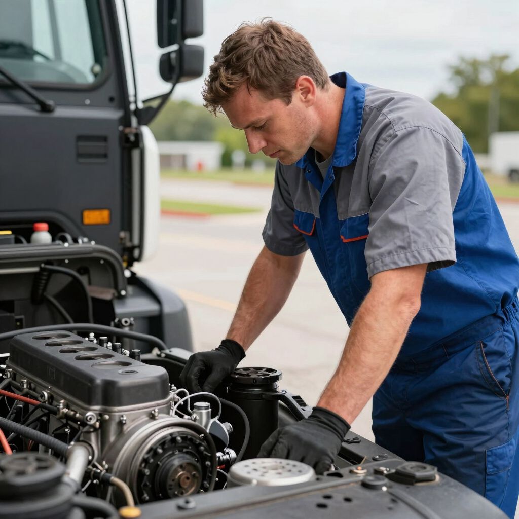Mechanic in blue and gray uniform works on a vehicle engine, outdoors.