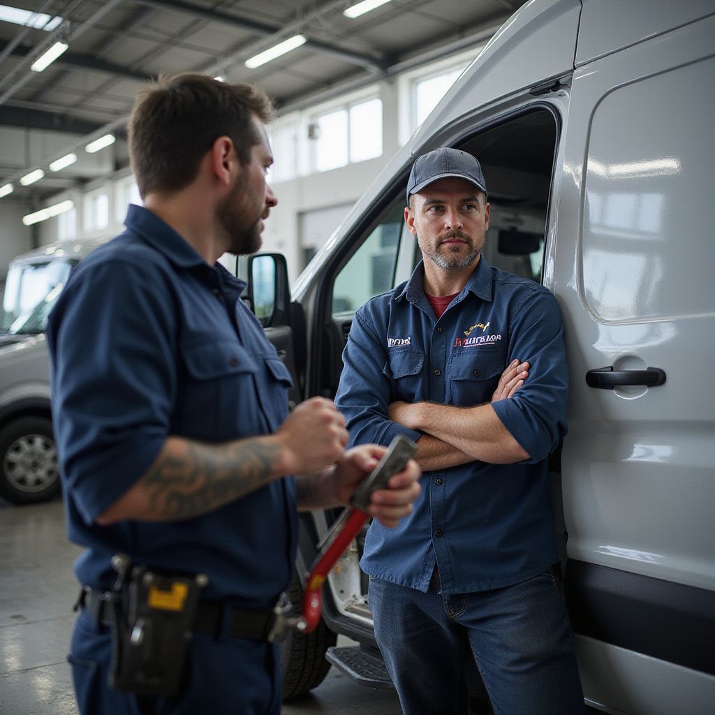 Two men in blue work shirts talking by a van in a garage. One holds pliers.